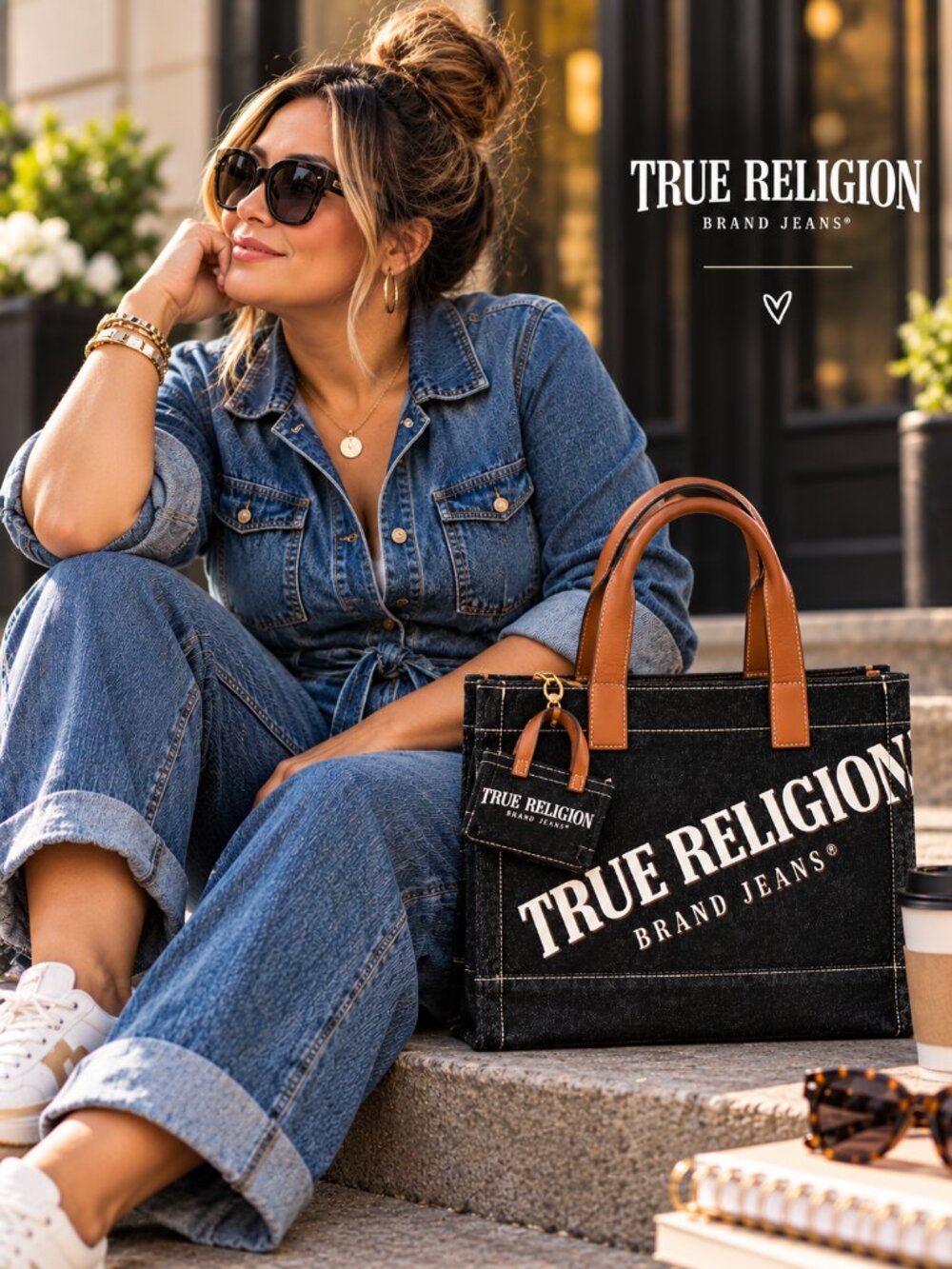 NWT True Religion Denim Tote Bag & Mini Tote Dangle 2-Piece Set